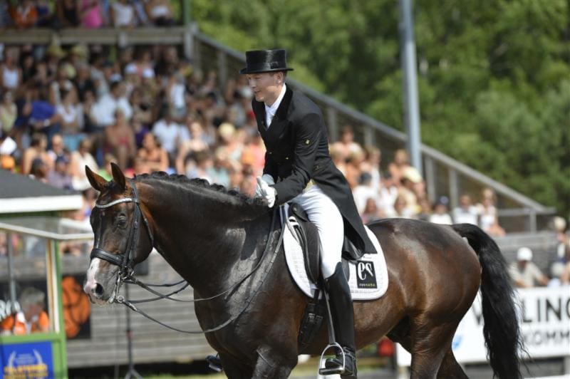 cover - Helgstrand Dressage's master rider Thomas Sigtenbjerggaard, the dark bay Dutch-bred stallion Nintendo, 2013. (Negro x Rodieni R / Monaco)