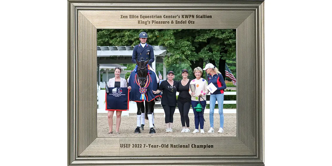 Photo: Zen Elite Equestrian Center’s King's Pleasure in the frame winning the 2022 Markel/USEF 7-Year-Old National Championship. (SusanSticklePhotography.com/Photo frame courtesy of JRPR Equine News Room)