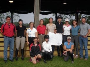 Photo: The training session group in Texas. (Photo provided by USEF Archives); Scott Hassler with Kalie Beckers and Bienvenu ZSH. (Photo provided by USEF Archives)