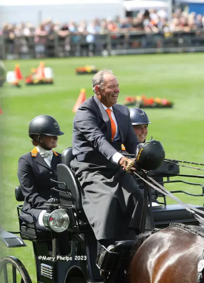 Ijsbrand Chardon enjoying the win in the obstacle driving competition at Aachen. ©Mary Phelps 2023