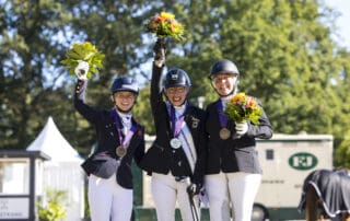 Podium FEI Para Dressage European Championship Riesenbeck Grade II 1. Heidemarie Dresing (GER) riding Horse24 Dooloop, 2. Georgia Wilson (GBR) riding Sakura, 3. Ann Cathrin Lubbe (NOR) riding La Costa Majlund at the FEI Para Dressage European Championship Riesenbeck 2023 Copyright © FEI/Leanjo de Koster