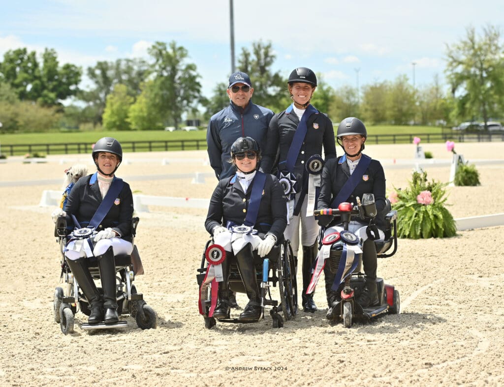 The Perrigo U.S. Para Dressage Team – Roxanne Trunnell, Beatrice de Lavalette, Kate Shoemaker and Rebecca Hart with Chef d’Equipe Michel Assouline (Photo: Andrew Ryback Photography)