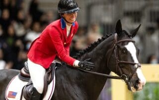 Jill Humphrey thanks Chromatic BF after the pair finished third in Thursday’s seven-horse jump-off at the Longines FEI World Cup Final in Riyadh. FEI/Martin Dokoupil Photo