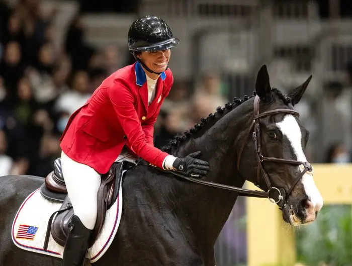 Jill Humphrey thanks Chromatic BF after the pair finished third in Thursday’s seven-horse jump-off at the Longines FEI World Cup Final in Riyadh. FEI/Martin Dokoupil Photo