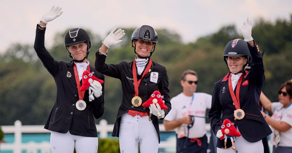 Individual Podium Grade V. L-R: Regine Mispelkamp (GER), Michèle GEORGE (BEL), and Sophie WELLS (GBR) at the Paris 2024 Paralympic Games. © FEI/Liz Gregg
