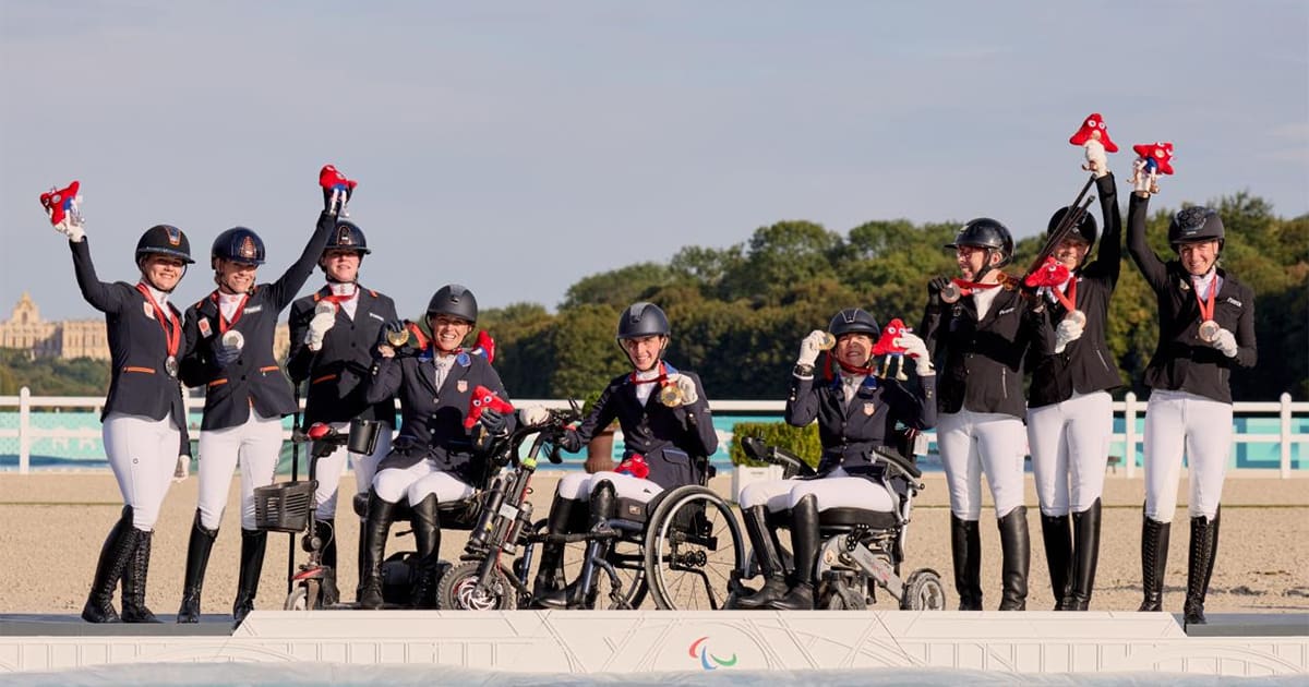 Team competition podium at the Paris 2024 Paralympic Games. L-R: Team Nederlands (silver medal) Team USA (gold medal) and Team Germany (bronze medal). © FEI/Liz Gregg
