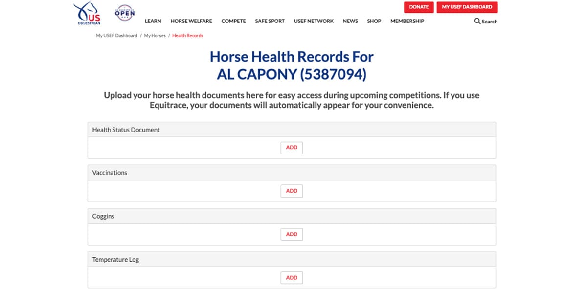 Horse Health Page for Al Capony