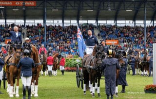 Australia takes the Team win for the Baron und Baronin von Buchholtz Nations' Cup Driving for the first time. Boyd Excell (AUS) with his team: Celviro; Checkmate; Hero; Mad Max 81; Mister Bono van 't Hooge and Tor van den Berge (AUS) with his team: Carbery Estate Cato; Carbery Estate Chino; Indiana; Jeebert; Kerosine . 2025 CHIO Aachen | Weltfest des Pferdesports. Soers, Aachen, Germany. Sunday 6 July 2025. Copyright Photo: Libby Law Photography