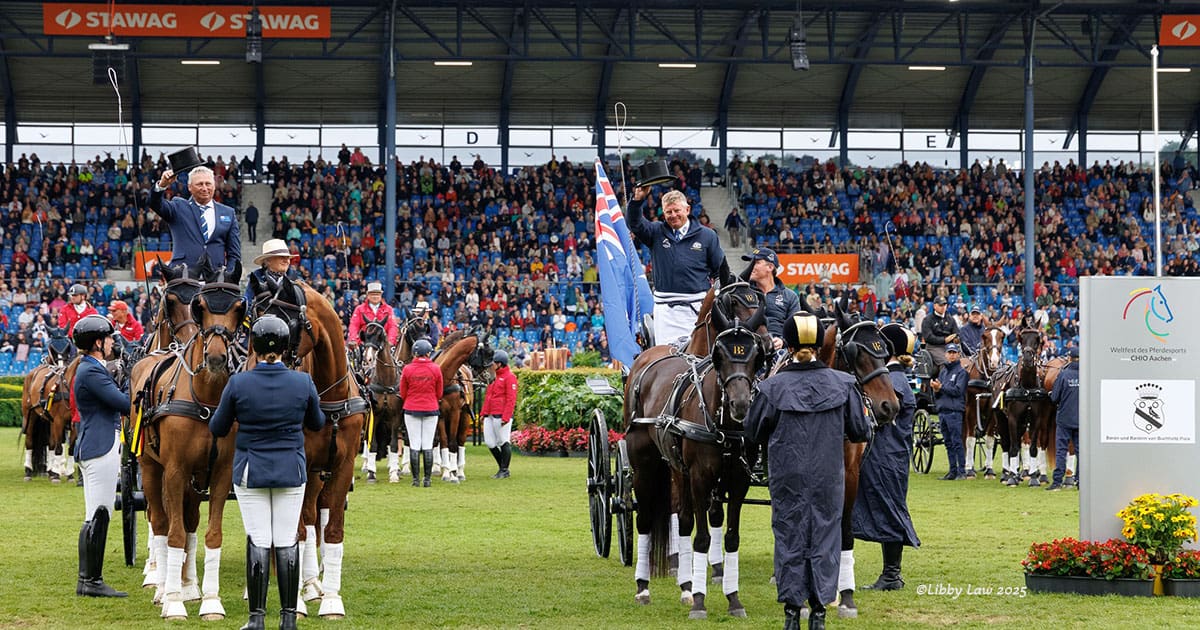 Australia takes the Team win for the Baron und Baronin von Buchholtz Nations' Cup Driving for the first time. Boyd Excell (AUS) with his team: Celviro; Checkmate; Hero; Mad Max 81; Mister Bono van 't Hooge and Tor van den Berge (AUS) with his team: Carbery Estate Cato; Carbery Estate Chino; Indiana; Jeebert; Kerosine . 2025 CHIO Aachen | Weltfest des Pferdesports. Soers, Aachen, Germany. Sunday 6 July 2025. Copyright Photo: Libby Law Photography