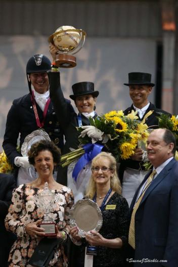 Patrik Kittel, Tinne Vilhelmson-Silfven, and Steffen Peters with World Dressage Masters sponsor Antonia Axel Johnson, Wellington Classic Dressage Show Manager Noreen O'Sullivan, and WCD Managing Partner John Flanagan photo: SusanJStickle.com