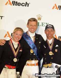 Silver Medallist Laura Bechtolsheimer (GRBR) Gold Medallist Edward Gal (NED) and Bronze Medallist, Steffen Peters (USA) at Alltech/FEI World Equestrian Games