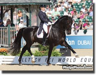 American rider Tina Konyot and her powerful black stallion Calecto V by Come Back II at the Alltech/FEI World Equestrian Games 2010 Photo: Mary Phelps - phelpsphotos.com