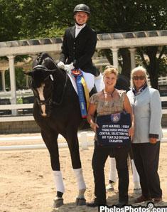 Emily Wagner and WakeUp with dressagedaily's Mary Phelps a Markel Equine Insurance specialist and judge Linda Zang, 2011.  (PhelpsPhotos.com)