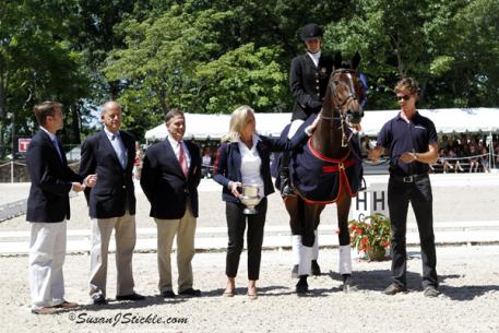 Rebecca Hart receiving 2012 USEF Para-Equestrian Dressage National Championship award from Ann Romney during the 2012 USEF Dressage Festival of Champions. Photograph taken in Gladstone, NJ  (c) Susan Stickle at SusanStickle.com.