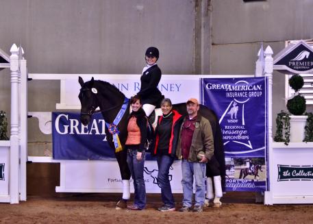 Layne Sandercott and Rolex Tyme won the GAIG/USDF Region V Third Level Adult Amateur Championship. Shown here with her trainer Maureen Sterling, mom Nancy Jacobs and dad Mark Sandercott. (L - R)