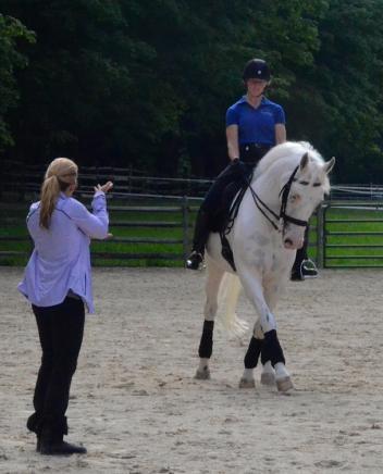 Pilates-Dressage guru, Jennifer Uhlinger, works with FEI trainer Alix Szepesi riding Michele Doucette's Hattrick during a clinic at Aquila Farm, Hamilton, MA. Photo: Gregor McQueen.