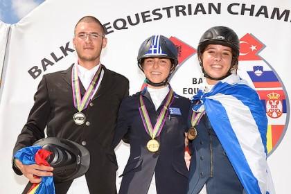 On the podium for the Junior Individual Championship at the FEI Balkan Jumping Championships 2013 which took place in Istanbul (TUR) last weekend - (L to R) silver medallist Cristian Ceausescu from Romania, gold medallist Ioli Mytilineou from Greece and bronze medallist Marina Theofanopoulou from Greece.  Photo: FEI/Alexic Vassilopoulos.