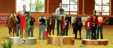  On the podium for the Junior Individual Championship at the FEI European Reining Championships for Juniors and Young Riders 2014 at Givrins, Switzerland yesterday: (L to R) Eric Ranieri Volpe ITA (silver), Enrico Sciulli ITA (gold) and Gina Maria GER (bronze). Photo: FEI/Andrea Bonaga.