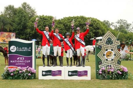 Team Canada recorded their second successive victory in the Furusiyya FEI Nations Cup™ Jumping 2014 North America, Central America and Caribbean League when winning the qualifier at Coapexpan, Mexico today.  On the podium (L to R) Jonathon Millar, Chris Sorensen, Kara Chad and Ian Millar.  Photo: FEI/Anwar Esquivel.