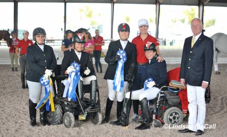 Canada Team left to right: Riders Lynne Poole, Lauren Barwick, Ashley Gowanlock, Jody Schloss with Chef d'Equipe Andrea Taylor, and judge Bo Ahman (Photo: (C) Lindsay McCall)  