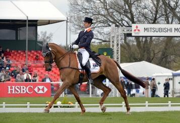 Christopher Burton (AUS) and Holstein Park Leilani take the lead after the first day of Dressage at the Mitsubishi Motors Badminton Horse Trials (GBR), fourth leg of the HSBC FEI Classics™ 2012/2013. (Photo: Kit Houghton/FEI).