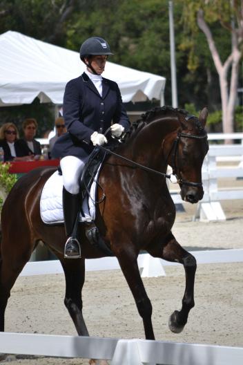 "Regalo" (Rosario x Dandielle by Nandino) improved upon the first day with rider Lientje Schueller to score an 8.20 in the Final Test (8.17 combined score) and move into the lead to claim the Five-Year-Old Markel/USEF Western Dressage Selection Trial at the Dressage at Flintridge CDI*/Y/J. for owner Pinky Roberts, 2012. (Photo: Jennifer M. Keeler)