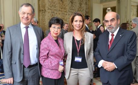 Dr Bernard Vallat, OIE Director General (left), Dr Margaret Chan, Director-General of the World Health Organization (WHO) and (right) Mr José Graziano da Silva, Director-General of the Food and Agriculture Organization of the United Nations (FAO), are pictured with HRH Princess Haya, FEI and IHSC President at the opening of the 2014 World Assembly of OIE Delegates General Session in Paris (FRA). Photo: Richard Juilliart/FEI.