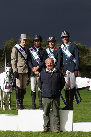 (left to right) France’s Donatien Schauly, Eric Vigeanel, Nicolas Touzaint and Maxime Livio with Chef d’Equipe Thierry Touzaint (centre) dominated the opening leg of FEI Nations Cup™ Eventing 2014 at Fontainebleau (FRA). Photo: Eric Knoll/FEI.