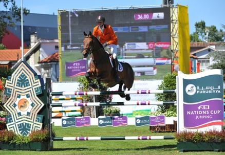  Frank Schuttert and Winchester HS produced an all-important second-round clear to help secure victory for The Netherlands at the penultimate Furusiyya FEI Nations Cup™ Europe Division 2 qualifier in Gijon, Spain today.  Photo: FEI/Herve Bonnaud. 