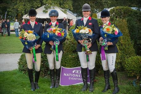 Great Britain won the penultimate leg of FEI Nations Cup™ Eventing in Waregem (BEL) after sending a new all-female quartet (left to right): Sarah Bullimore (Reve du Rouet), Izzy Taylor (Orlando), Lucy Wiegersma (Simon Porloe) and Laura Collett (Allora 3).