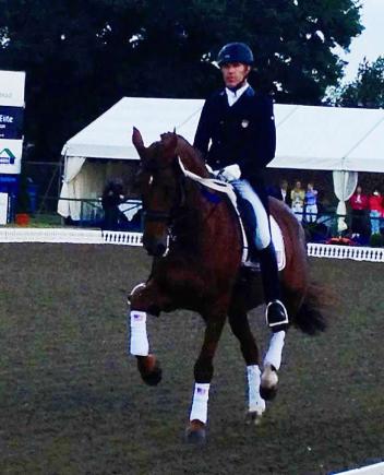 Guenter Seidel (Cardiff, CA)Coral Reef Wylea finishing on a score of 73.043% to place third at Hickstead CDIO, 2013. (Photo: Sean Caddell)