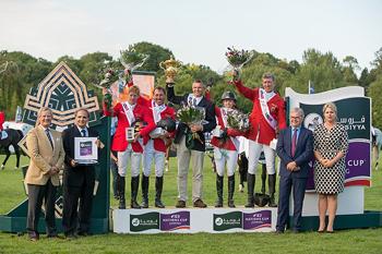 Germany won the penultimate leg of the Furusiyya FEI Nations Cup™ Jumping Europe Division 1 series at Hickstead, Great Britain today.  On the podium (L to R) - Marcus Ehning, Hans-Dieter Dreher, Chef d’Equipe Otto Becker, Meredith Michaels-Beerbaum and Ludger Beerbaum.  Photo: FEI/John Stroud.