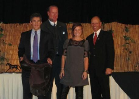 From left to right, Cary Wallace, Graham Newell, Amelia Child, and Steffen Peters.  Dressage rider Amelia Child was on cloud nine at the USDF Convention in San Diego when she won a custom dressage saddle from Custom Saddlery. Child was the final winner in Custom Saddlery’s All American Saddle Fit Challenge, which gave away five custom dressage saddles during the year.