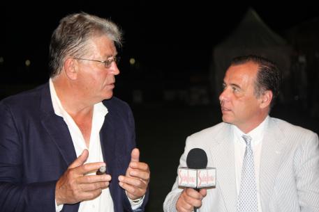 Peter van Borst and Sidelines TV host and producer, Rob Jordan, during an interview with the North American sales director for the largest Lusitano farm in the world, Interagro Lusitanos, during his visit to Florida for the Wellington CDI3* Nations Cup.