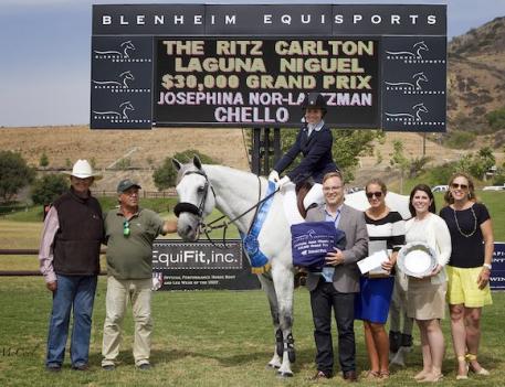 Josephina Nor-Lantzman and Chello Z, with Al Schlom, father Fabio Nor, and representatives of The Ritz Carlton Laguna Niguel and Blenheim EquiSports. Photo courtesy of McCool Photos