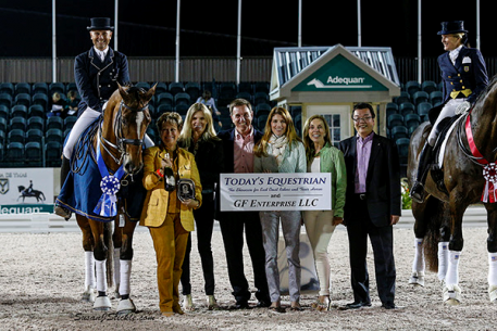 Lars Petersen and Mariett with judge Janet Foy, Ashley Holzer of Today's Equestrian, Allyn Mann of Adequan, Meg Krueger of Equestrian Sport Productions, Dr. Diane Fellows of GF Enterprise LLC, and Hiroto Kashiwase of Adequan Photo: SusanJStickle