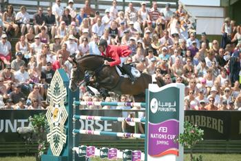 Marcus Ehning and Plot Blue jumped double-clear to help secure victory for Germany at the Furusiyya FEI Nations Cup™ Jumping series in Falsterbo, Sweden today.  Photo: FEI/Roland Thunholm.