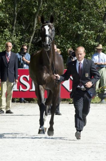 Defending European Champion and German anchorman Michael Jung trots up Halunke FBW at the first horse inspection for the HSBC FEI European Eventing Championships in Malmö (SWE). (Photo: Kit Houghton/FEI).