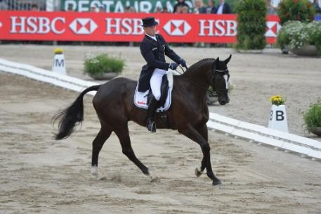 Defending champion Michael Jung (GER) is outstanding in the Dressage arena on the youngster Halunke FBW to establish a clear lead in the individual standings and keep Germany at the top of the team leader board at the HSBC FEI European Eventing Championships in Malmö (SWE). (Photo: Kit Houghton/FEI).