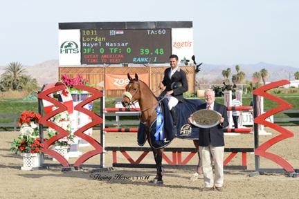 HITS Senior Vice President Tony Hitchcock presents Nayel Nassar and Lordan with top honors, including a Horze Equestrian cooler, after the ,500 FEI HITS Desert Classic, presented by Zoetis. ©Flying Horse Photography