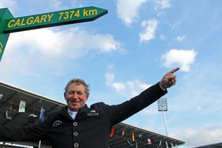 Nick Skelton celebrates victory in Aachen
