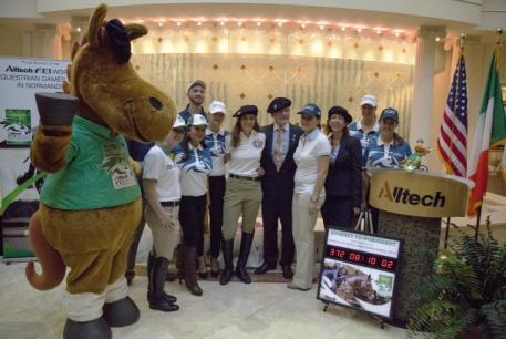 Dr. Pearse Lyons, president and founder of Alltech, celebrates the one year countdown to the Alltech FEI World Equestrian Games 2014 in Normandy with Alltech employees at the company’s headquarters in Lexington, KY.