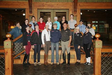 The whole group of twelve riders, the coaches and the Workshop presenters at the Courtney Dye Horsemastership Clinic 2013 Photo: Richard Malmgren