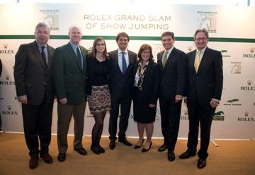 From L to R: Mr Alban Poudret (CSI Geneva), Mr Ian Allison (CSIO Spruce Meadows), Mrs Sophie Mottu Morel (CSI Geneva), Mr Arnaud Boetsch (Director of Communication and Image Rolex), Mrs Linda Southern-Heathcott (CSIO Spruce Meadows), Mr Michael Mronz (CHIO Aachen/President of the Steering Committee for the Rolex Grand Slam of Show Jumping), Mr Frank Kemperman (CHIO Aachen/Chairman Managing Board) © Rolex/Kit Houghton
