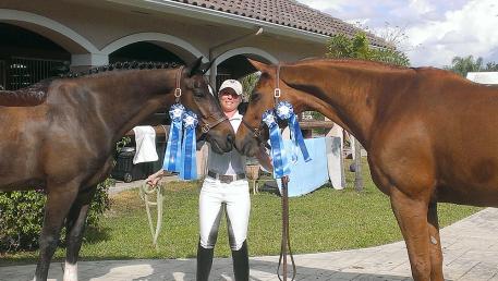 Sara Spofford with Armante, 8 yr old KWPN mare (Contango/Welt Hit II) owned by Natalie Miller and Lagrima, 12 yr old Baden-Wurttemburg mare (Lanthano/Tolstoi) owned by Sara.