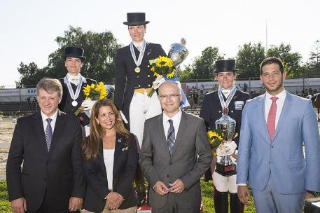 Greek riders scooped all three medals in the Senior Individual category at the FEI Balkan Dressage Championships 2014 in Novi Sad, Serbia last weekend. Pictured on the podium (L to R): Katerina Los (silver), Eleni Myrat (gold) and Angela Sklavounos (bronze). (Photo: (c) Alexis Vassilopoulos/FEI)