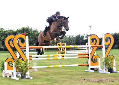 Stephen Barcha and Ad Jacpote rode to the top of the Wellington Turf Tour ,000 1.40m Grand Prix leader board at the International Polo Club Palm Beach. Photo by Kendall Bierer/Phelps Media Group.