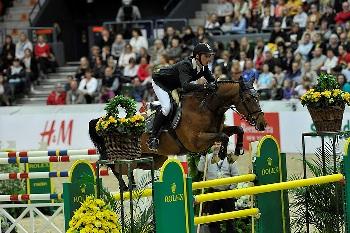 Olympic champions Steven Guerdat and Nino des Buissonnets from Switzerland jumped into contention when winning tonight’s second leg of the Rolex FEI World Cup™ Jumping Final in Gothenburg, Sweden.  Photo: FEI/Kit Houghton.