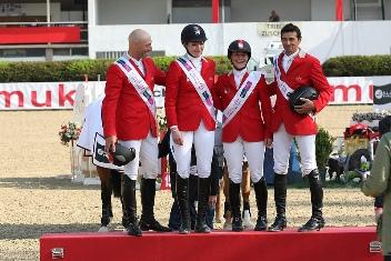 The Swiss team won the third leg of the Furusiyaa FEI Nations Cup™ Jumping 2013 series at Linz, Austria today. Pictured left to right - Pascal Bettschen, Christina Liebherr, Claudia Gisler and Theo Muff. Photo: FEI/Krisztian Buthi.