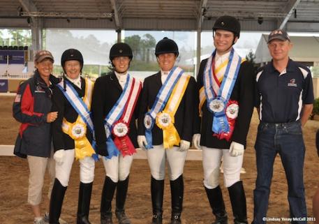 Chef d'Equipe Missy Ransehousen, Dale Dedrick, MD, Rebecca Hart, Mary Jordan, Jonathan Wentz, and coach Kai Handt, USA Team that earned the needed first place over Canada in Wellington, Florida January 2012 (Photo: Lindsay McCall)